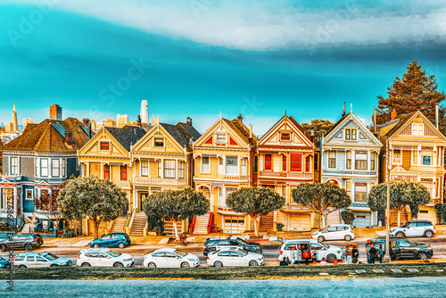 Panoramic view of the San Francisco Painted ladies (Victorian Houses).