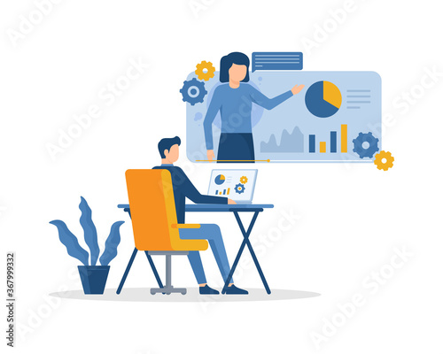 Online education and graduation. Online teacher on computer monitor. Webinar and video seminar learning vector concept