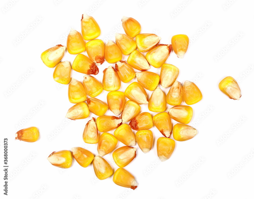 Fototapeta premium Hybrid corn kernels pile isolated on white background, top view