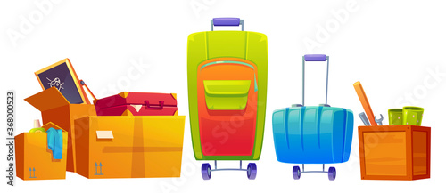 Set of old things luggage, suitcase and baggage bags, kids blackboard, wrench, bat and detergent in cardboard and wooden boxes isolated on white background. Cartoon vector illustration, icon, clip art