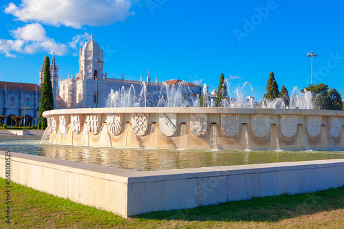 Empire Square monuments and tourist attractions of Belem in Lisbon . Jeronimos Monastery in Portugal