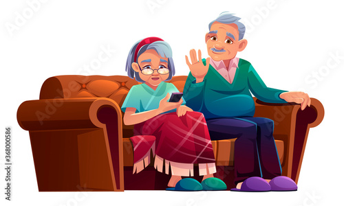 Senior man and woman talking by mobile phone sit on couch in nursing home. Old lady wrapped in plaid and aged grey haired pensioner relax on sofa use smartphone for chat, Cartoon vector illustration