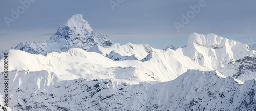 Amazing Winter Panorama with the snow covered Mountains Hochvogel, Hofats, Krottenkopf in Allgau Alps, Bavaria, Germany.