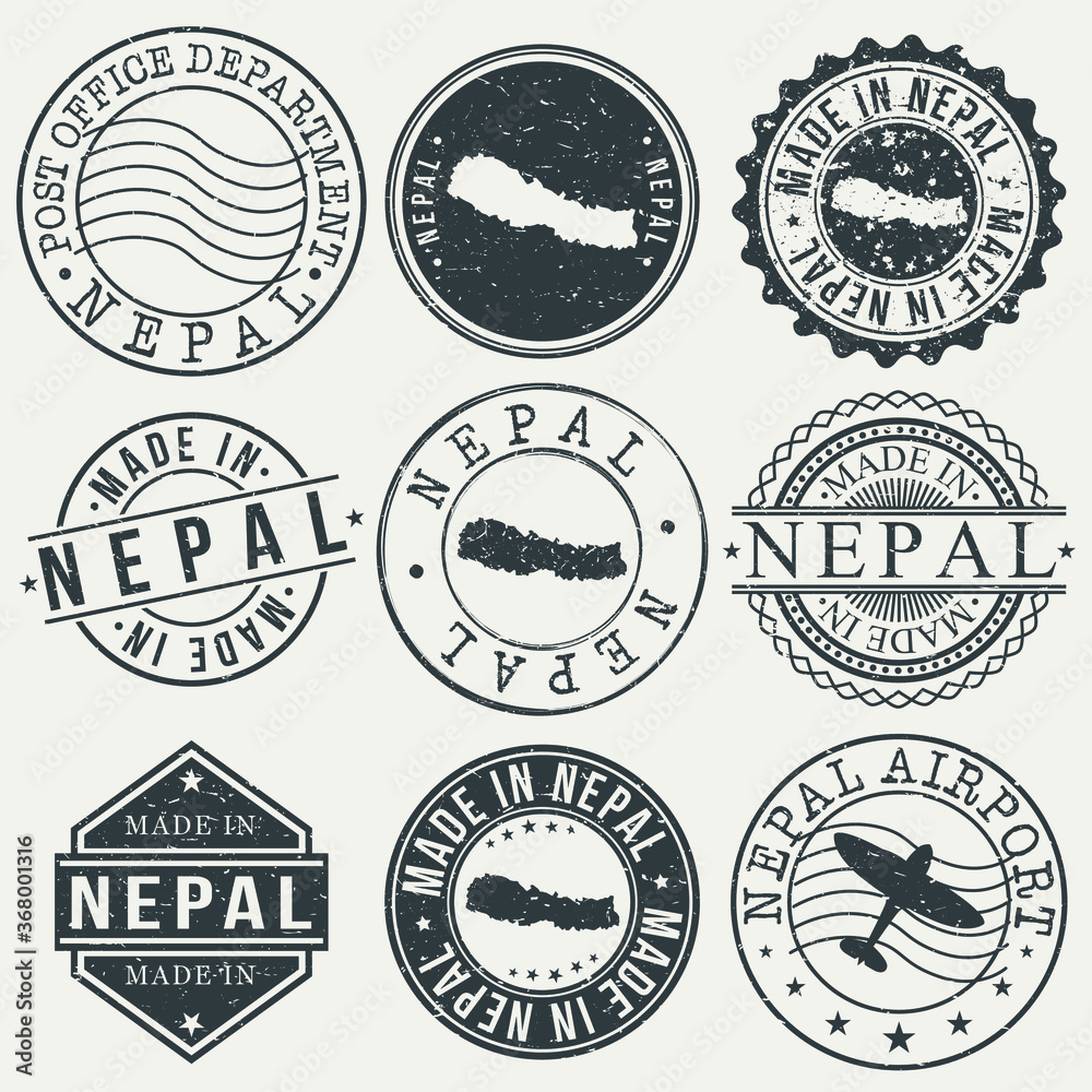 Nepal Set of Stamps. Travel Stamp. Made In Product. Design Seals Old Style Insignia.