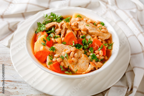 white bean, vegetables pork stew in a bowl