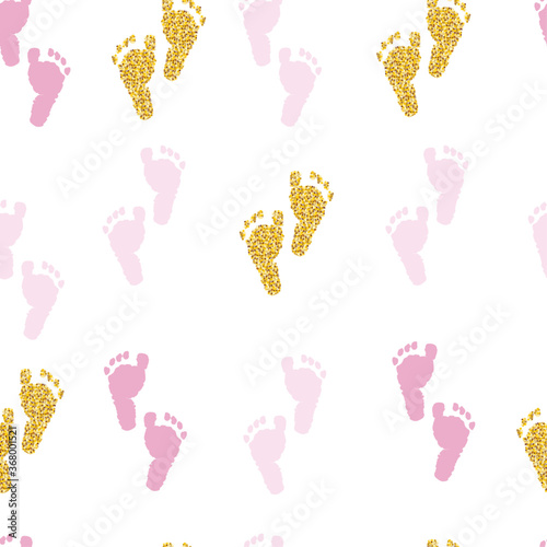 Gold glitter shining baby shower foot print and pink foot prints seamless fabric design pattern vector background
