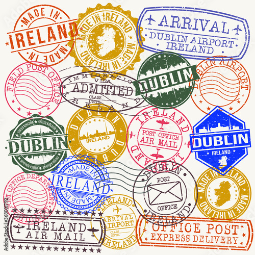 Dublin Ireland Stamp Vector Art Postal Passport Travel Design Set Badge Rubber.