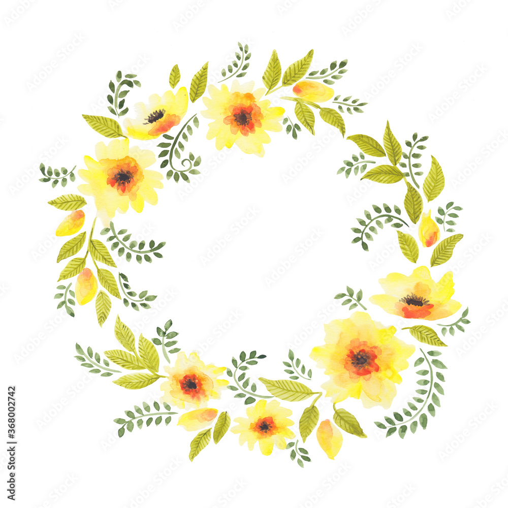 Watercolor illustration of yellow marigold flowers. Floral round border on white background