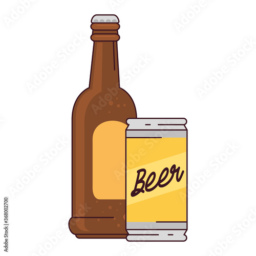 bottle with can of beer on white background vector illustration design