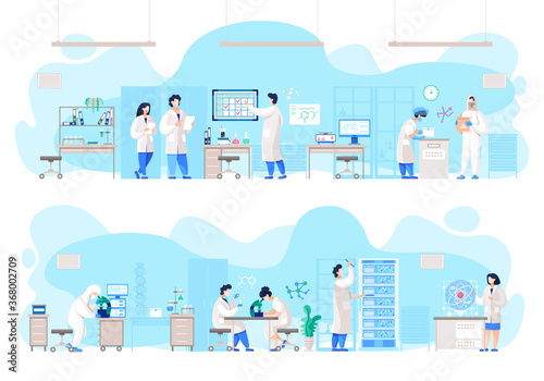 People in laboratory conducting experiment, scientists in white coats in science lab vector. Male and female researchers, scientific research. Testing equipment, Biology and Chemistry illustration