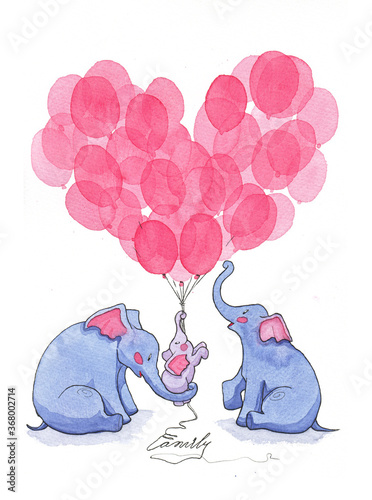 Canvas Print Watercolor illustration of elephant family with lots of balloons heart shape