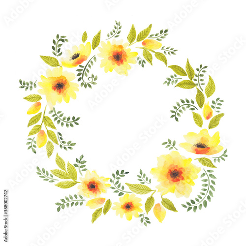 Watercolor illustration of yellow marigold flowers. Floral round border on white background