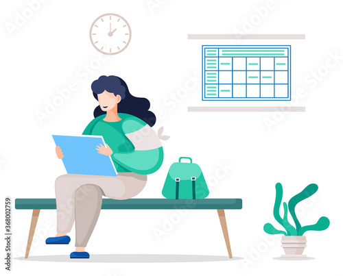 Female character waiting for doctors appointment in office. Doctor reading patients history. Interior of laboratory with information on wall, houseplant decor and bench for visitors, vector in flat