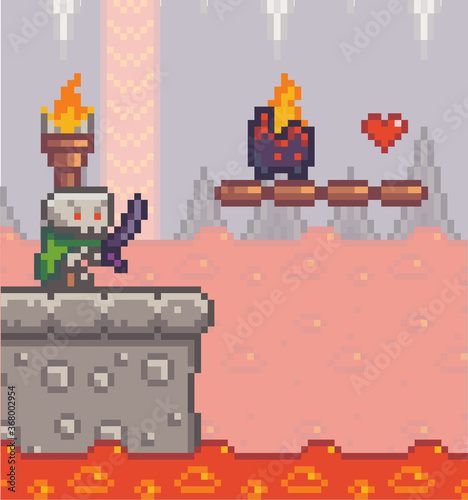 Pixel game interface. Aggresive mob, npc, skeleton with sword. Unstable platform with burning dangerous monster, bonus life, heart. Cave with boiling lava or magma. World of 8bit game, graphics of 80s