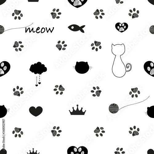 Doodle cat paw prints. Cat silhouette, fish, crown, hearts, meow text... etc symbols seamless fabric design pattern vector