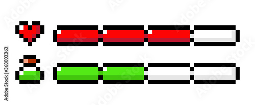 Life bar and health bar 8-bit elements pixel art. progressor, stamina, power, energy, mana level, health reserve isolated vector illustration. Classical game themed design. Gaming controller, symbols
