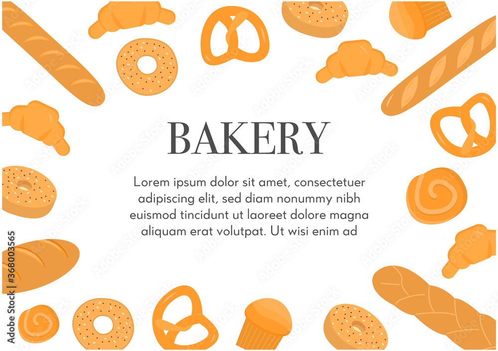 Web banner template with frame made of various types of breads and ...
