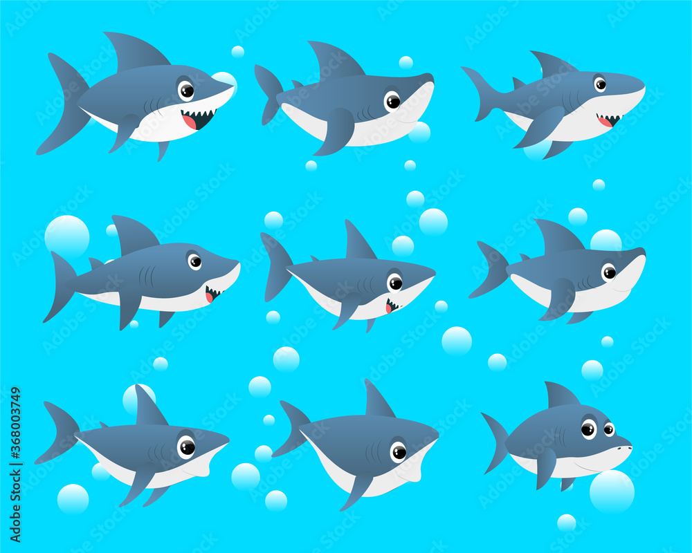 Set of blue shark cartoon Set of blue shark cartoon