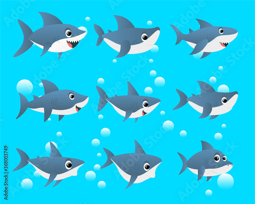 Set of blue shark cartoon