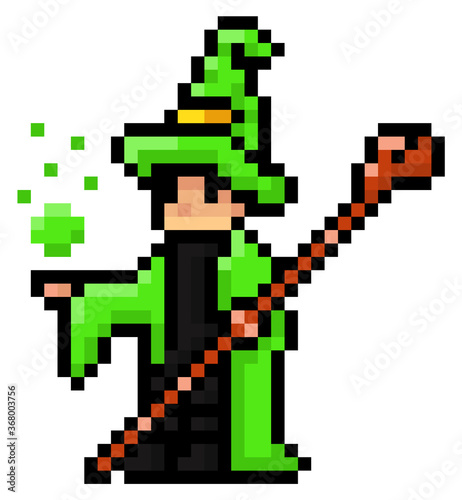 Wizard or mage in green mantle and hat with a staff. Man conjures, holding bubbles in hand. Pixel character for mobile game, 8bit abstract object. Icon for computer, phone game, videogame in 80s style