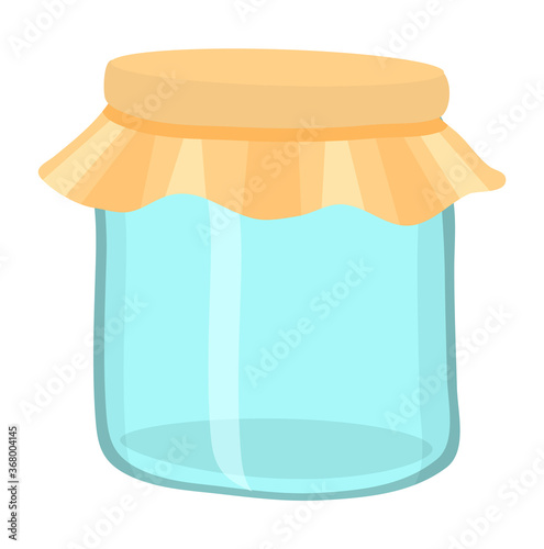 Empty transparent glass jar with fabric cover and elastic band isolated at white background. Vector illustration of cartoon glass jar. Container for seeds, grains, species, jam or conservation