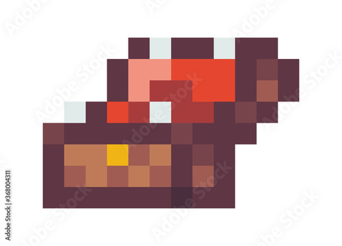 Wooden opened chest with gold. Pixel art icon. Video game 8-bit sprite. Isolated vector illustration. Pirate chest cartoon pixel design icon game assets bi sprite element design for mobile app