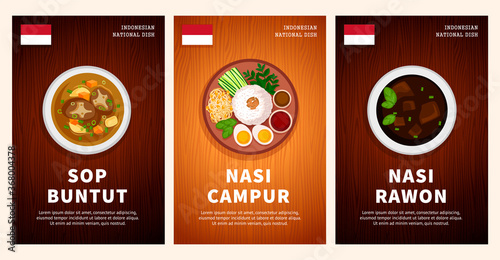 Indonesian cuisine, traditional food, national dishes on a wooden table. Sop Buntut, Nasi Campur, Nasi Rawon. Top view. Template for vertical web banner, menu. Flat vector illustration. photo