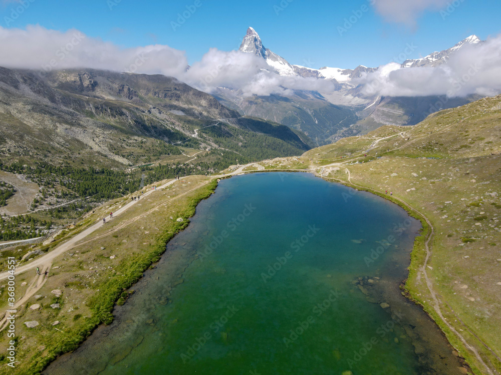 Lake Stellisee and mount Matterhorn at Zermatt on the Swiss Alps
