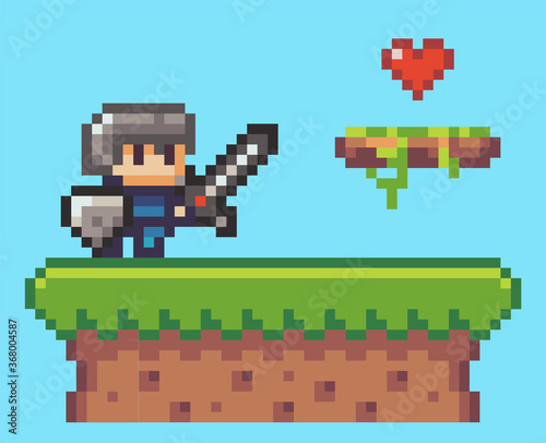 Pixel game interface, element. 80s graphic. Hero or personage of mobile 8 bit game, videogame. Collecting lives, life heart. Pixelated knight with sword and shield at grass. Adventure game, 2d texture