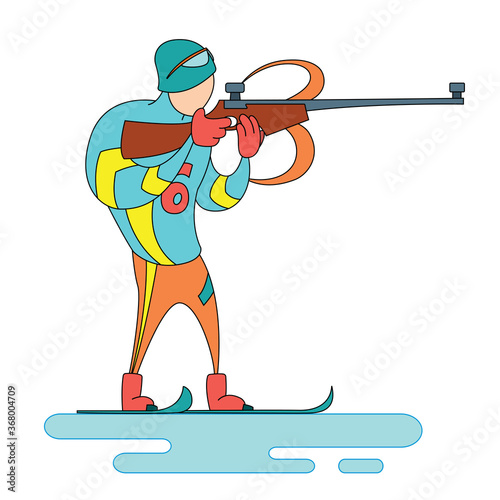 Shooting biathlete. An athlete with a rifle on skis. Winter games vector illustration.