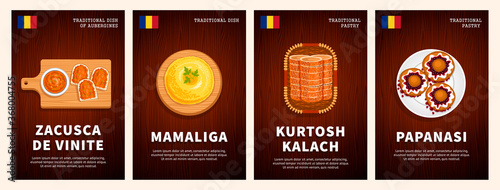 Romanian dishes and pastries, national cuisine, traditional food on a wooden table. Kurtosh Kalach, Papanasi, Mamaliga, Zacusca de Vinite. Top view. Flat vector illustration.