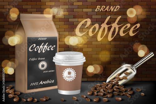 Coffee paper cup with beans ads. 3d illustration of hot arabica coffee. Product paper bag package design with brick background. Vector