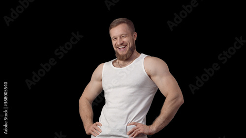 man laughed unexpectedly. Caucasian man with beard in a shirt smiles and claps. High quality 4k footage © Vladimir