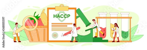 Panorama banner for Haccp Hazard Analysis and Critical Control Point with people inspecting and testing fresh food before issuing a certificate, colored vector illustration