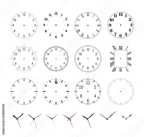 Set of round clock faces. Template for wall clock and wrist watch dials with arabic and roman numerals. Hour, minute and second hands outline vector illustration isolated on white background photo