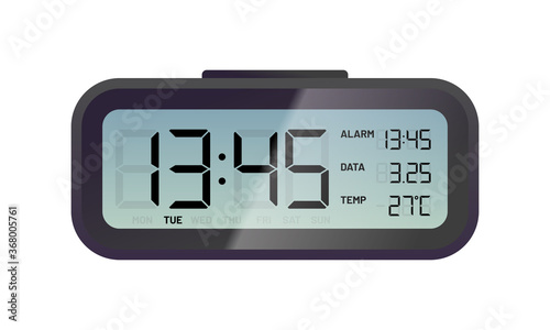 Black digital alarm clock. Electronic clock display. Conception of punctuality, accuracy and time measurement flat vector illustration isolated on white background.