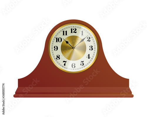 Old wooden table clock with round dial. Vintage style time measuring instrument. Interior decoration object flat vector illustration isolated on white background.