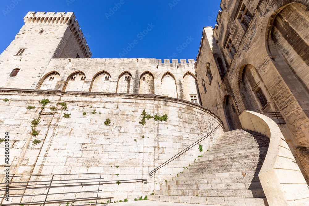 Avignon - France. July 04, 2020: Main staircase of Palace of the Popes in Avignon city