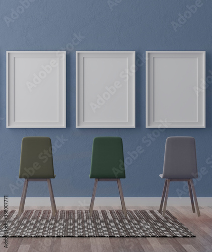Fototapeta Naklejka Na Ścianę i Meble -  Three vertical white frame mock up, white frame on blue wall, 3d illustration