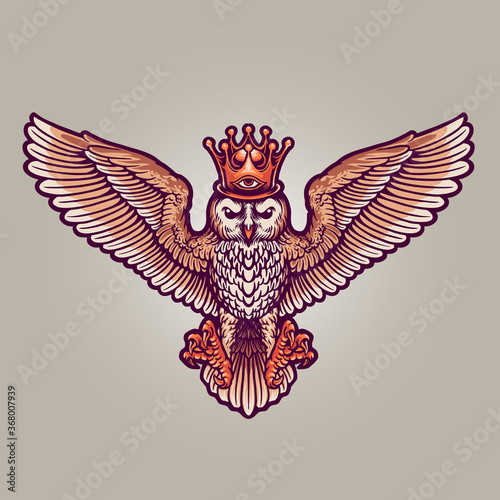 King Owl Mascot Illustrations for character merchandise clothing line and merchandise your brand company