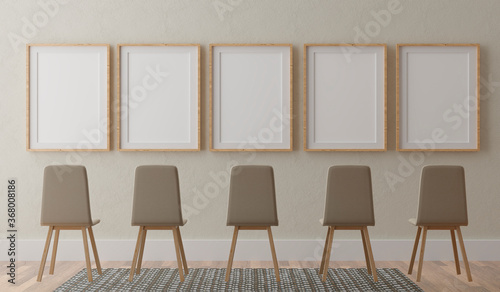 Five vertical white frame mock up, wooden frame and chairs on beige wall, 3d illustration