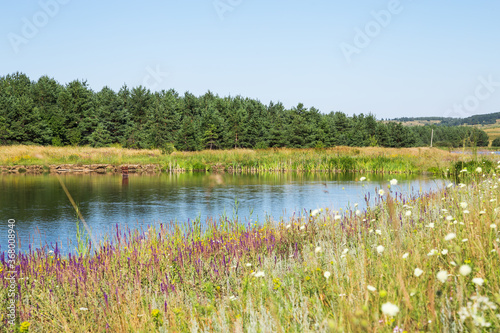 Summer picturesque sunny water landscape in nature outdoors by a reservoir on the shore of a pond or lake in good weather. Travel to the Saratov region in Russia