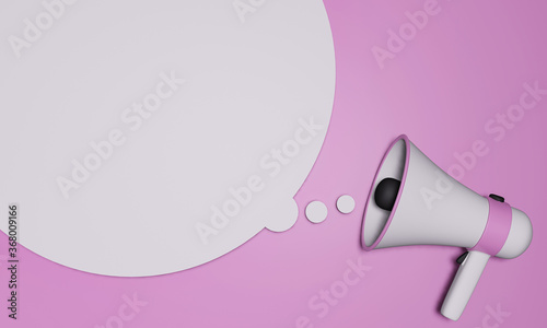 Megaphone with white stripes or pink stripes There are many circles representing symbols, announcements, or public relations. Pastel pink background. 3D Rendering