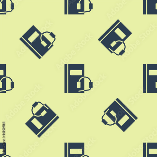 Blue Audio book icon isolated seamless pattern on yellow background. Book with headphones. Audio guide sign. Online learning concept. Vector Illustration.