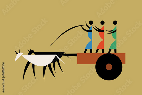 Tribal style illustration of farmers riding a bullock  cart