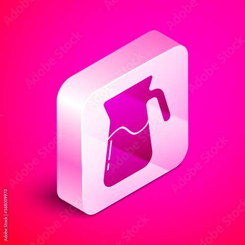 Isometric Jug glass with water icon isolated on pink background. Kettle for water. Glass decanter with drinking water. Silver square button. Vector.