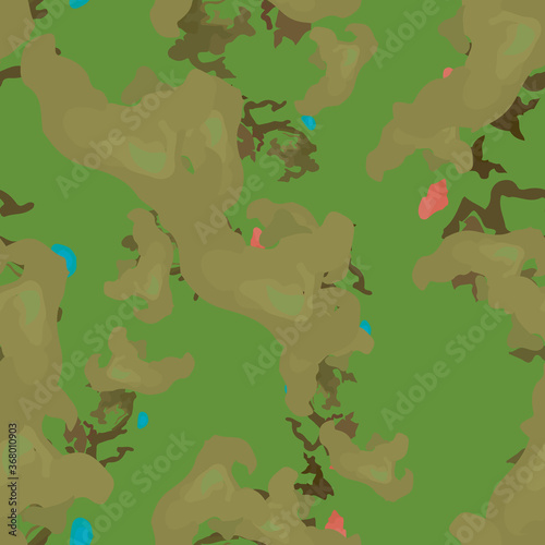 Forest camouflage of various shades of green, blue and red colors