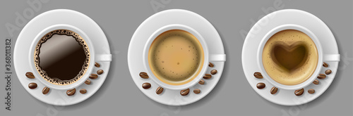 Set of coffee mug top view with coffee beans. Cappuccino espresso, latte, mocha, americano in realistic white cup. vector template