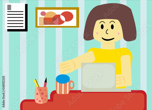 Woman work from  home on a laptop in home with computer.