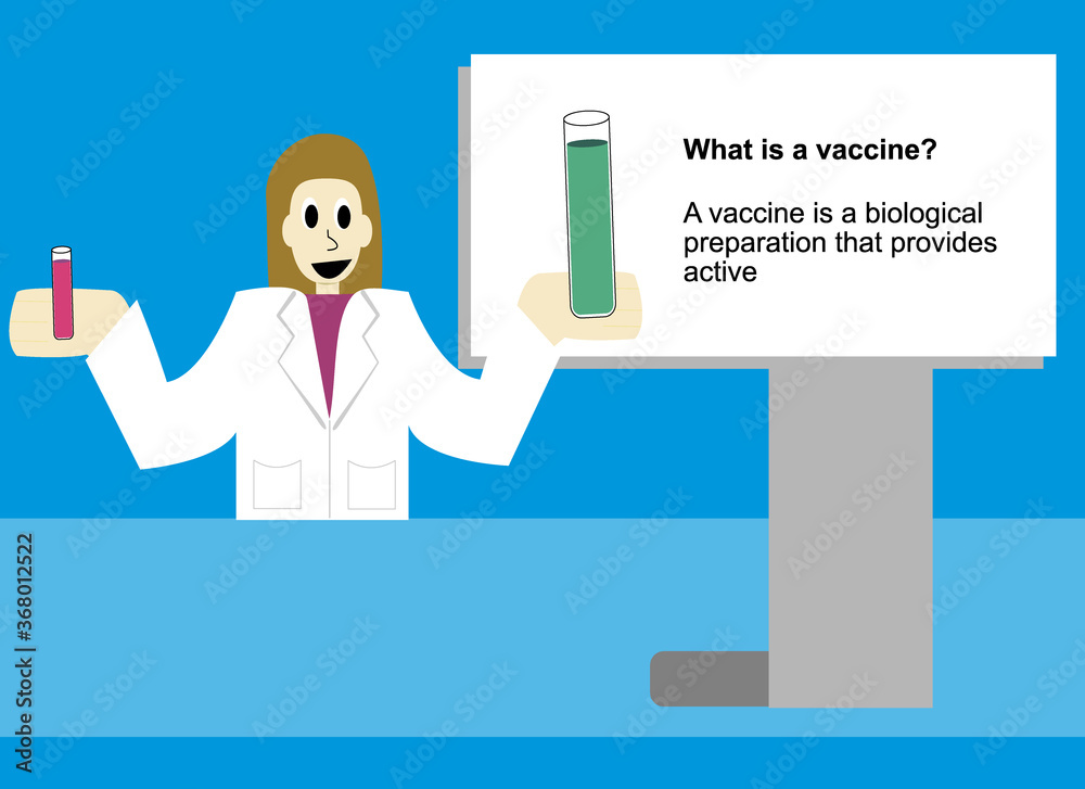 Vector illustration Scientist chemist lectures about vaccines. Vector illustration Scientist chemist lectures about vaccines.